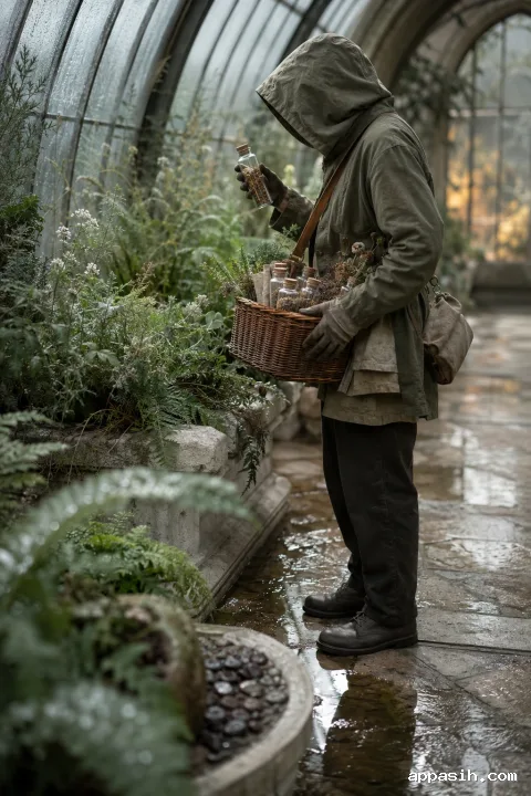Anonymous botanical archive courier pauses in a rain-damp conservatory while lifting a clear seed vessel from a woven field basket among wet herbs and ferns.