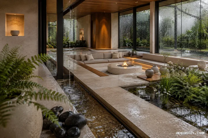 Detailed three-quarter view of a contemporary sunken garden lounge with oatmeal seating, stone hearth, timber surfaces, rainwater flowing through a slim indoor channel, reflective basin, damp limestone, and lush silver-green planting.