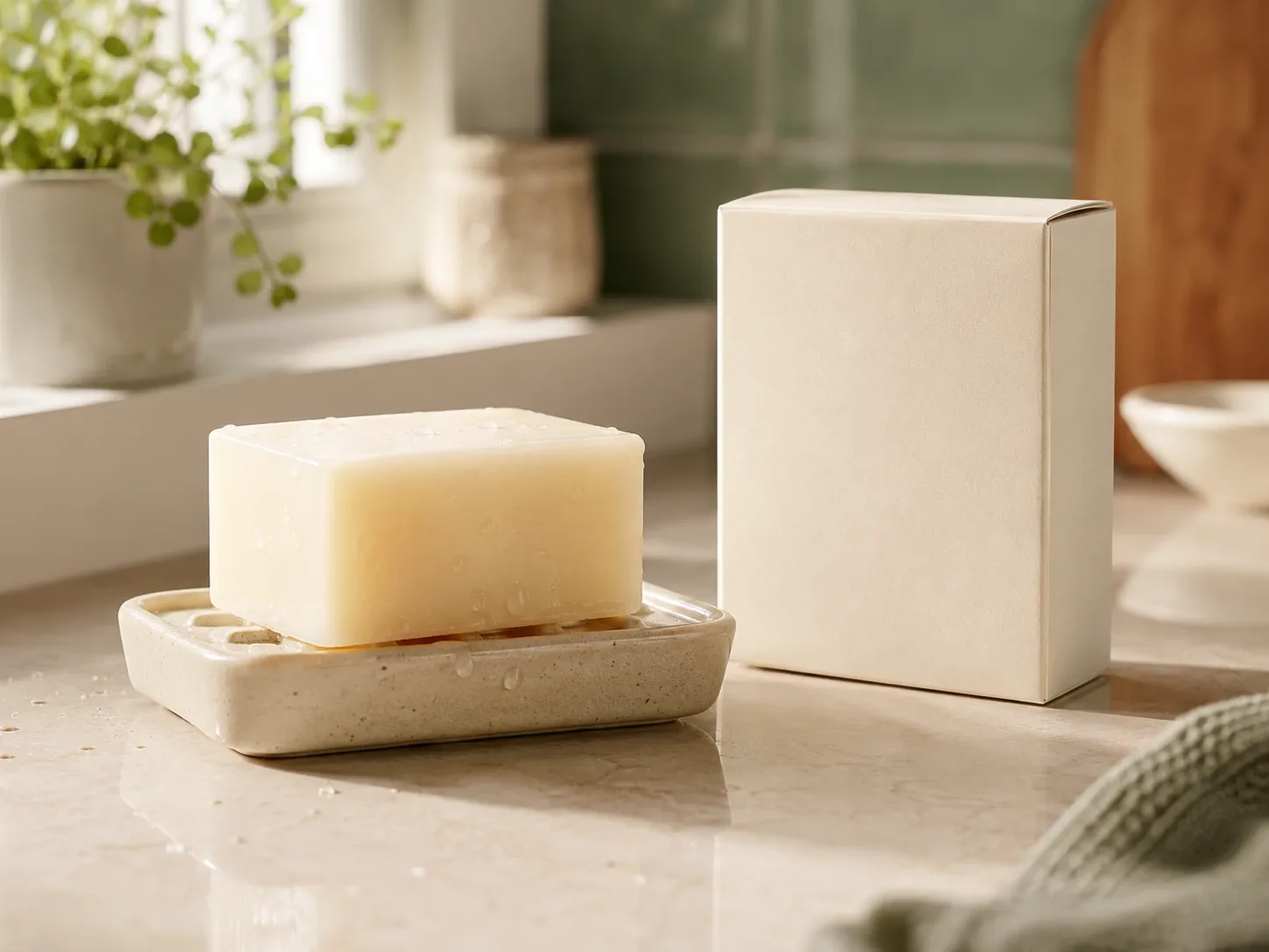 Blank powder facial cleanser bottle and matching refill pouch displayed on a cream stone pedestal with fine cleansing powder.