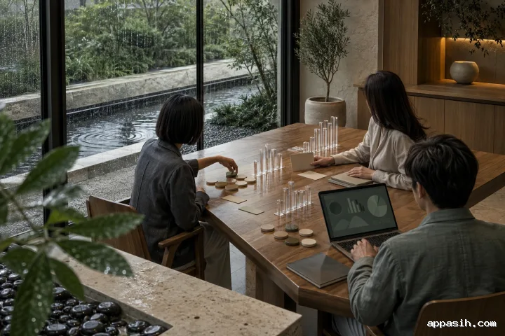 Elevated three-quarter view of three anonymous finance professionals adjusting ceramic allocation tokens beside translucent forecasting bars on a warm-oak table in a rain-lit contemporary strategy atrium.
