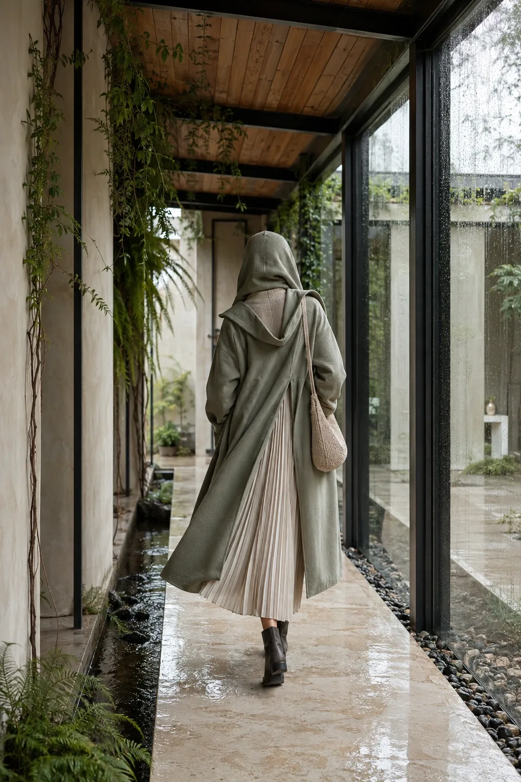 Anonymous fashion model in a muted sage coat and oatmeal pleated ensemble walking through a rain-washed limestone conservatory passage.