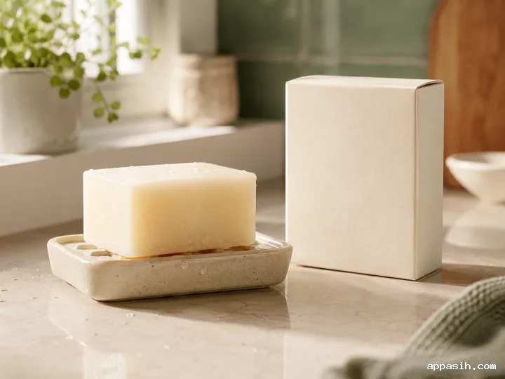 Luxury blank ivory powder cleanser bottle and peach refill pouch styled with a ceramic powder dish, cotton cloth, mineral stone, and soft morning light.