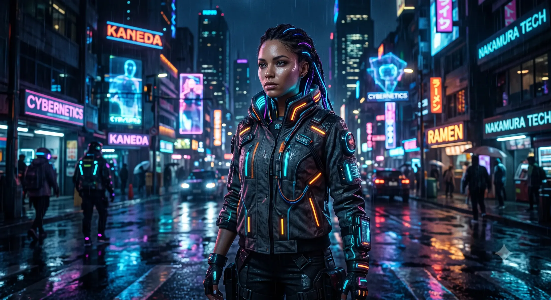 Futuristic woman standing in a neon cyberpunk city at night with cinematic lighting