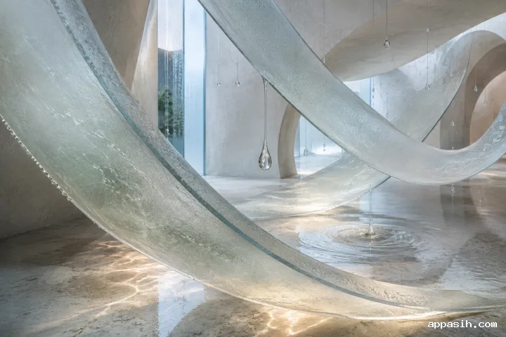 Close three-quarter view of translucent mineral-glass ribbons with condensation, suspended droplets, delicate ripples, and layered reflections in a serene abstract limestone chamber.