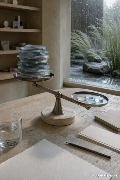 Detailed portrait editorial scene viewed from above at a three-quarter angle, showing a finely crafted balance weighing a dense stack of frosted glass tiles against three clear discs on a rain-cooled limestone research desk.