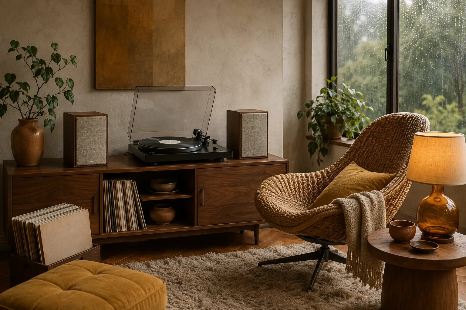 A warm 1970s-inspired listening room with a walnut turntable console, blank-label vinyl records, woven lounge chair, amber lamp, and rain-beaded windows.
