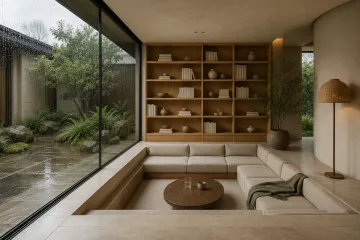 Contemporary sunken reading conservatory with oatmeal seating, warm oak shelving, limestone flooring, and rain-beaded garden windows.