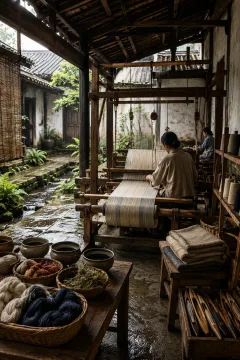Traditional wooden handloom and natural-dyed fibers inside a serene rain-cooled heritage weaving courtyard with anonymous artisans and aged timber architecture.