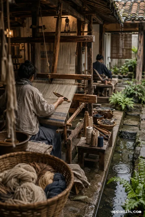 Close three-quarter view of anonymous artisans weaving at a traditional wooden handloom in a rain-cooled heritage courtyard, with natural-dyed fibers, aged timber, wet stone, and a small rainwater ripple.