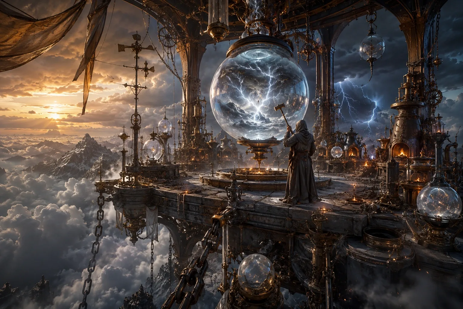 Concept art of a glowing coral observatory on a sea cliff where robed archivists gather luminous pearls at twilight.