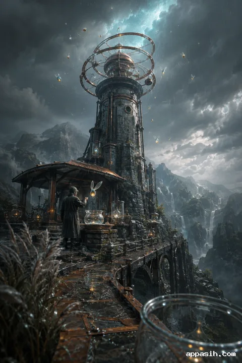 Detailed portrait concept art showing a researcher guiding a glowing skyseed into a glass vessel at a rain-soaked mountain observatory.