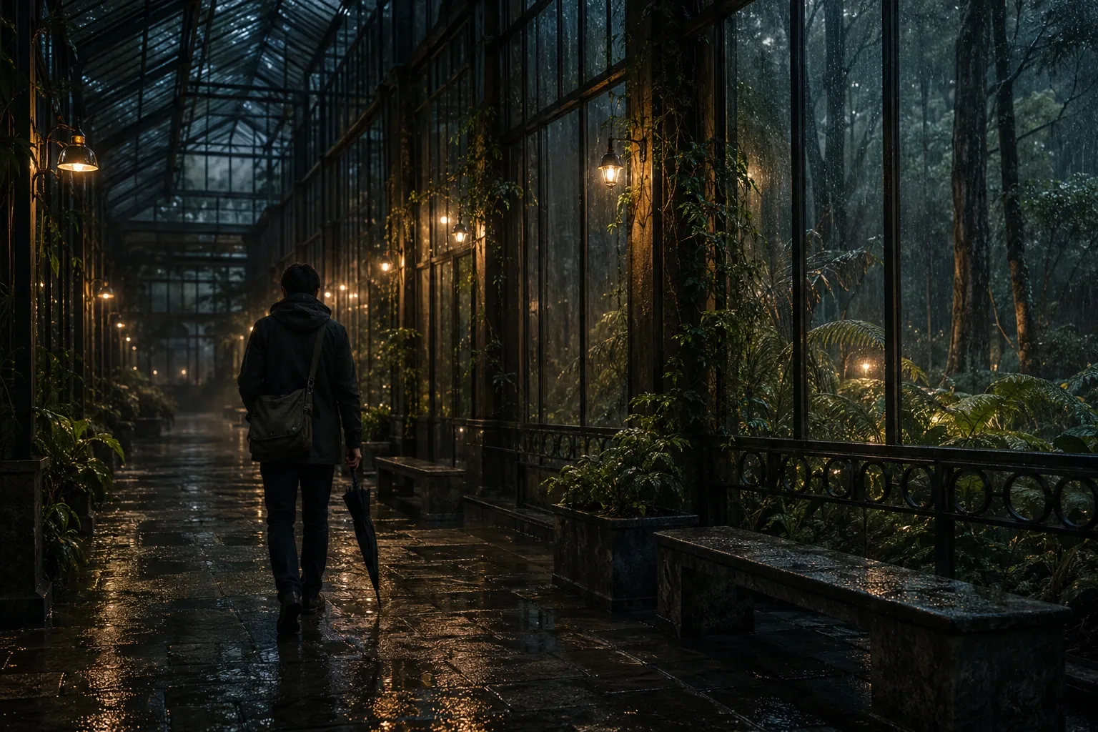 Anonymous traveler walking through a rain-soaked illuminated glasshouse corridor at night with wet stone reflections, mist, ferns, and warm amber lights.