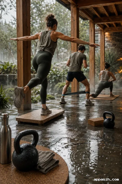 Close three-quarter view of three anonymous athletes performing coordinated functional fitness drills in a rain-covered garden pavilion with wet kettlebells, puddles, and soft morning light.