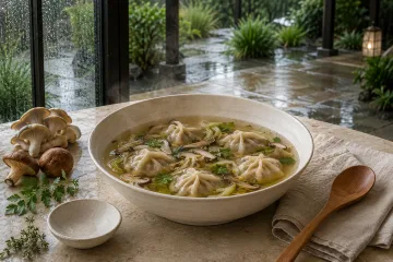 Steaming vegetable dumplings in clear mushroom and herb broth on a pale limestone table beside a rain-covered contemporary garden.