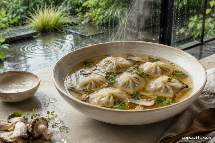 Close three-quarter view of steaming vegetable dumplings in golden mushroom-herb broth beside rain-beaded glazing, with wet limestone and a softly rippling garden puddle beyond.