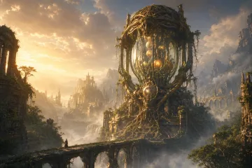 Cinematic concept art of a mountaintop station harvesting glowing aurora light above a frozen wilderness.