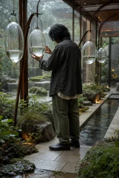 Anonymous garden keeper in muted clothing tending suspended transparent dew collectors inside a serene rain-soaked botanical sanctuary.