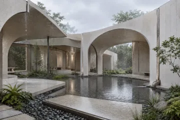 Serene pale mineral courtyard pavilion with curved vaults, integrated rainwater channels, reflective shallow water, wet stone, and restrained greenery during gentle morning rain.
