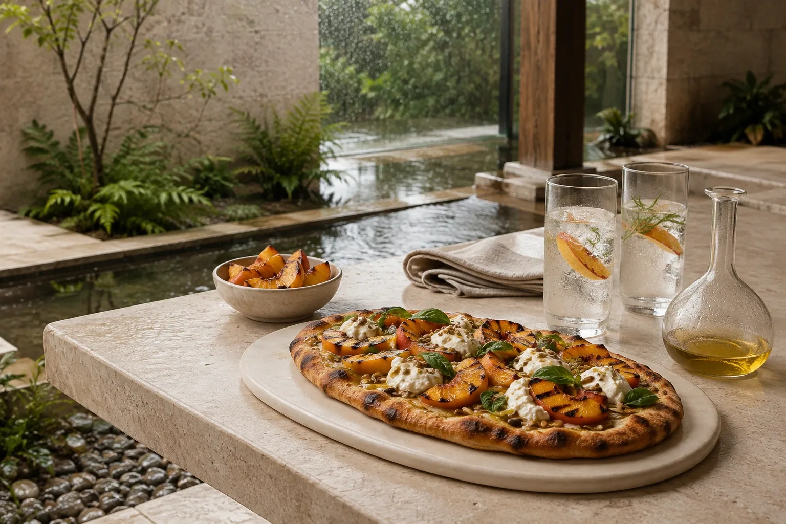 Charred peach flatbread with creamy cheese and basil beside sparkling botanical drinks on a pale stone courtyard table during gentle rain.