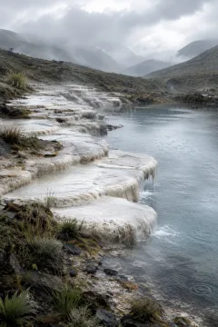 Portrait view of ivory tufa terraces descending into a reflective blue-gray mineral basin during a gentle rainy morning, surrounded by grasses, wet basalt stones, and misty highland ridges.