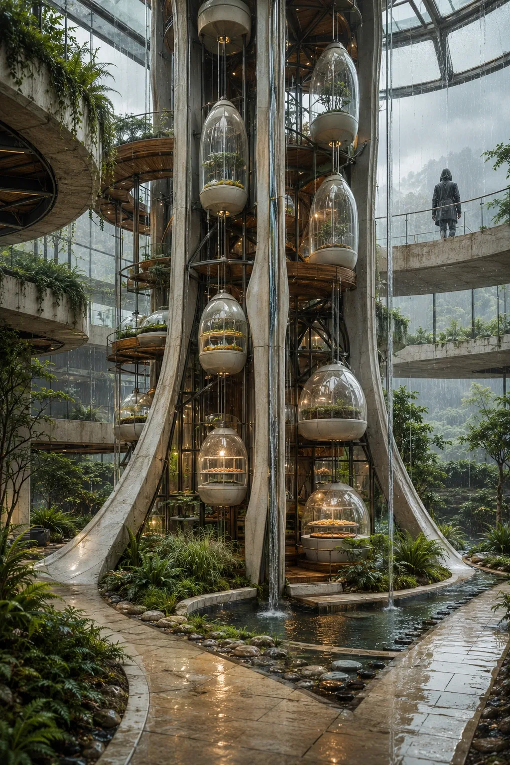 Portrait concept art of a tall futuristic seed preservation tower inside a rain-filled vertical conservatory, surrounded by suspended botanical capsules, pale stone walkways, plants, and reflective water.