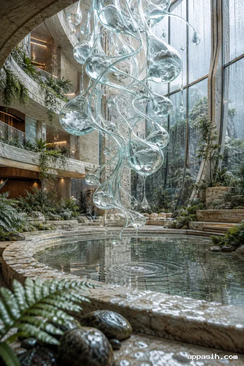Closer low three-quarter portrait view of translucent glass roots holding miniature rain clouds above a rippling mineral basin in a rain-soaked surreal conservatory.