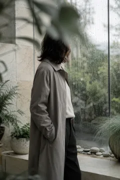 Anonymous adult in a warm-gray coat standing beside rain-covered conservatory glass, softly framed by green foliage and pale limestone.