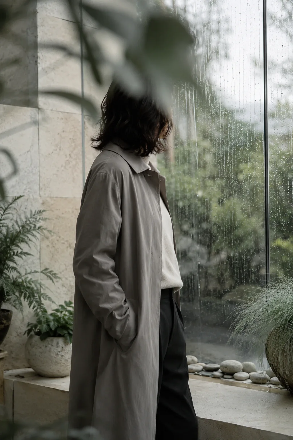 Anonymous adult in a warm-gray coat standing beside rain-covered conservatory glass, softly framed by green foliage and pale limestone.