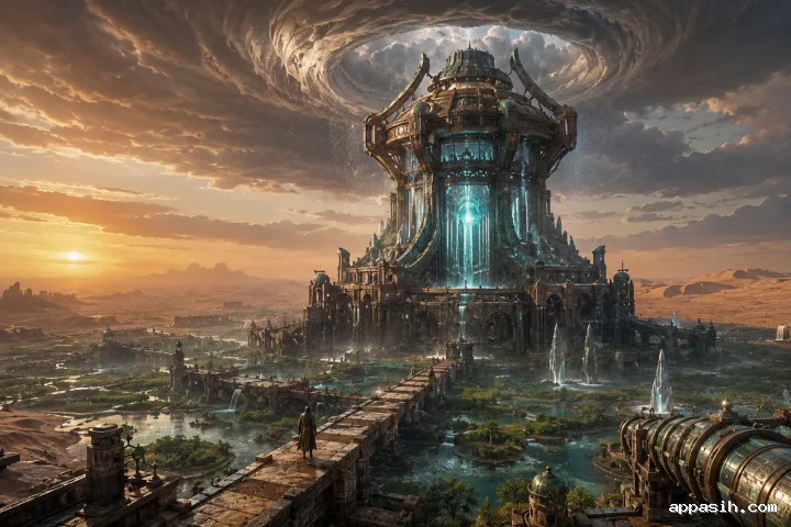 Ultra-detailed concept art of a monumental tidal archive cathedral exposed at low tide as a hooded archivist approaches its glowing central chamber.