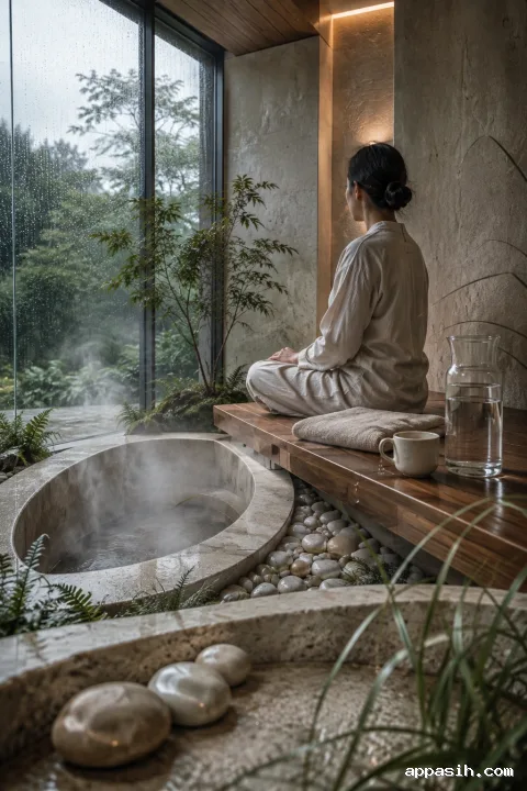 Close three-quarter view of an anonymous adult practicing calm seated breathing beside a steaming mineral basin in a rain-lit limestone wellness alcove.