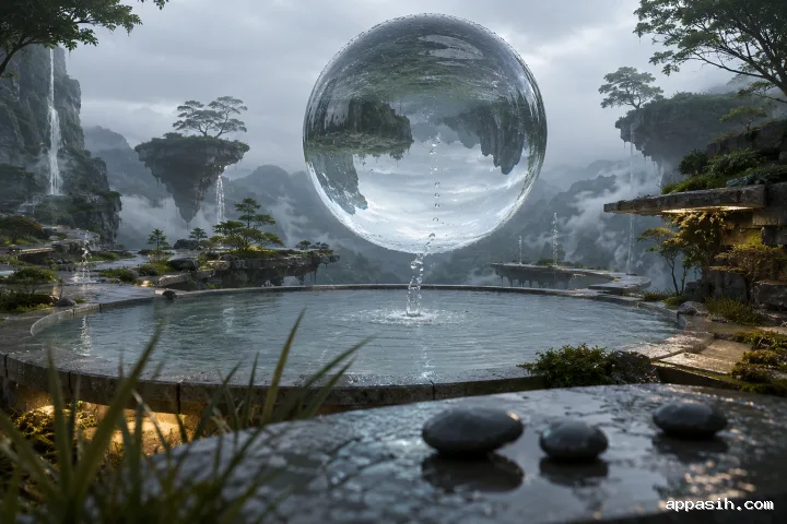 Closer surreal view of a giant transparent water sphere hovering over a rain-soaked circular basin, with floating garden terraces, upward droplets, misty mountains, and warm amber reflections.