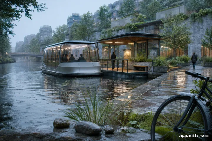 Closer three-quarter view of an electric canal passenger shuttle approaching a rain-wet landscaped boarding terrace, with bicycle infrastructure, foreground grasses, rippling water, and misty contemporary buildings.