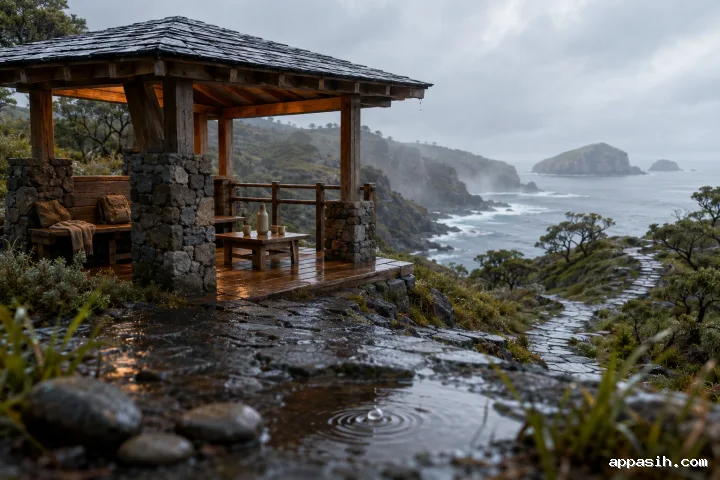 Close three-quarter view of a rain-soaked basalt coastal waystation beside a reflective path puddle, overlooking a misty tidal inlet, sea cliffs, and distant islands.