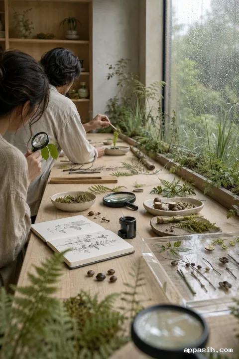 Close three-quarter view of a rainy botanical learning alcove where anonymous adult learners examine a leaf with wooden tweezers and a magnifying lens among seeds and plant specimens.