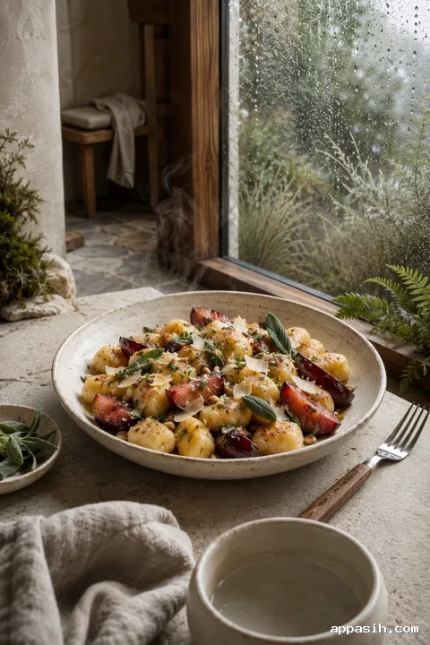 Close three-quarter portrait view of handmade herb-butter gnocchi with roasted burgundy plums, sage, and delicate steam on a rain-lit stone dining table.