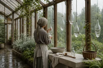 Anonymous conservatory keeper tending suspended glass dew collectors beside a pale stone workbench during a quiet rainy morning.