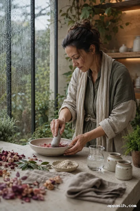 Close three-quarter environmental portrait of an anonymous botanical color artisan lowering a stone pestle into rose pigment beside rain-beaded conservatory glazing.