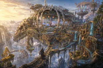 Cinematic concept art of a mobile desert caravan city surrounding a luminous moonwell beneath a dramatic night sky.