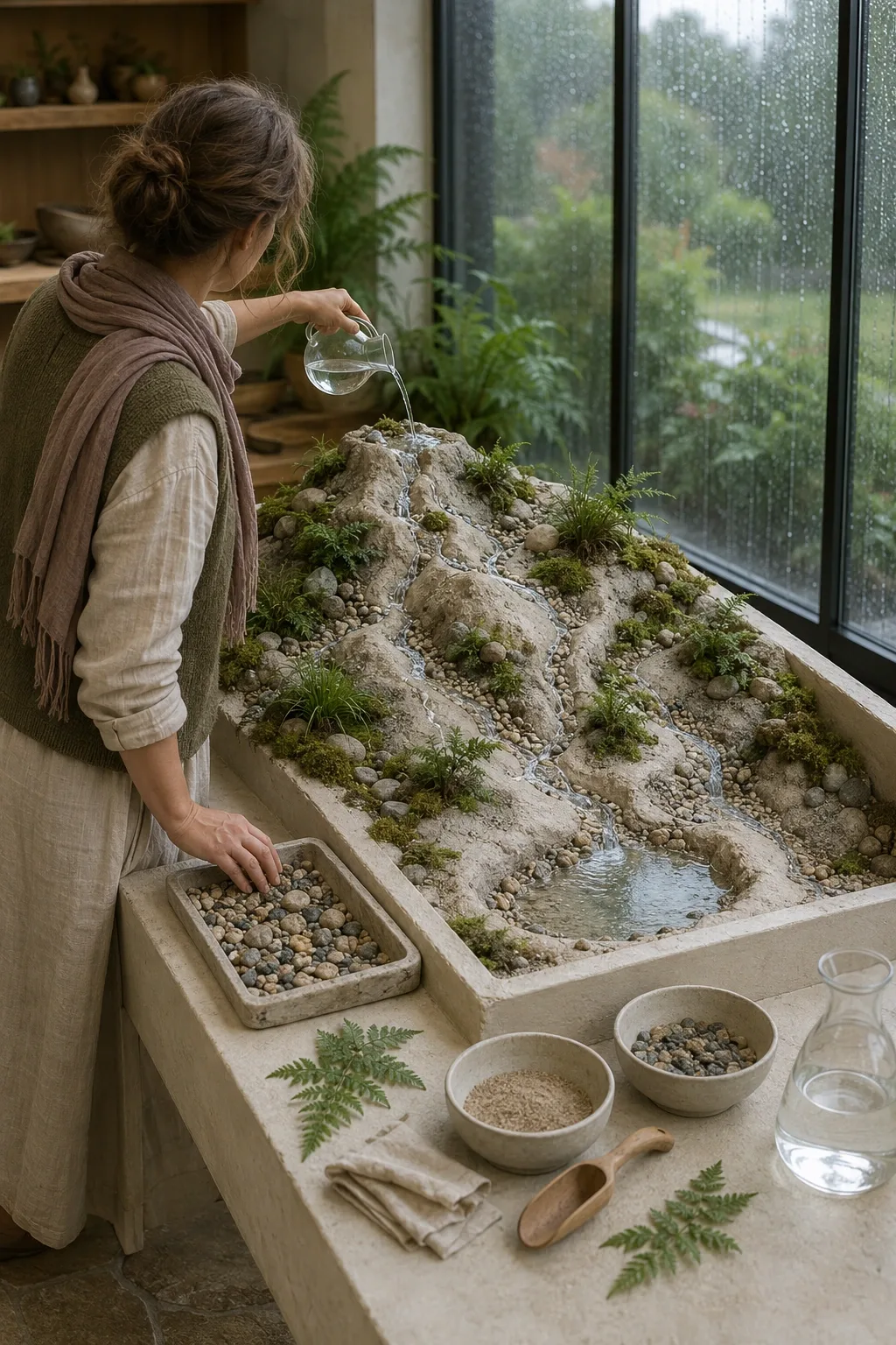 Portrait environmental learning scene with an anonymous learner demonstrating clear water flow across a sculpted miniature watershed table inside a rain-lit conservatory classroom.