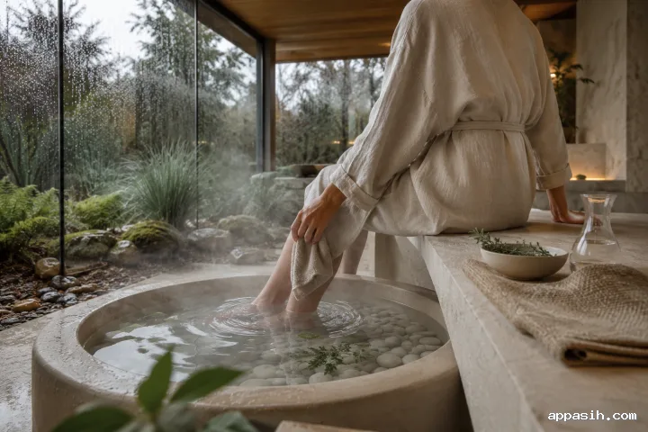 Closer low three-quarter view of an anonymous adult lowering a linen towel during a warm mineral foot soak in a rain-soaked contemporary conservatory.