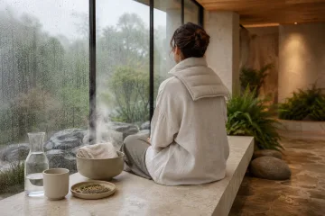 Anonymous adult resting on a limestone bench with a warm linen botanical neck wrap inside a serene rain-covered conservatory wellness alcove.