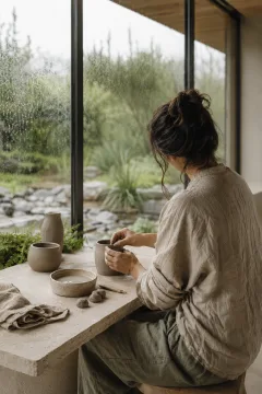 Anonymous ceramic artisan shaping a small clay vessel beside rain-covered conservatory windows in soft overcast morning light.