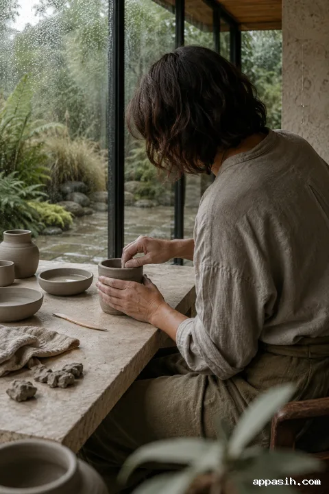 Close atmospheric portrait of an anonymous ceramic artisan smoothing the rim of a damp clay vessel beside rain-beaded conservatory glazing.