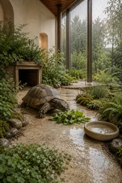 Companion tortoise walking through a serene limestone herb garden inside a rain-lit contemporary conservatory.