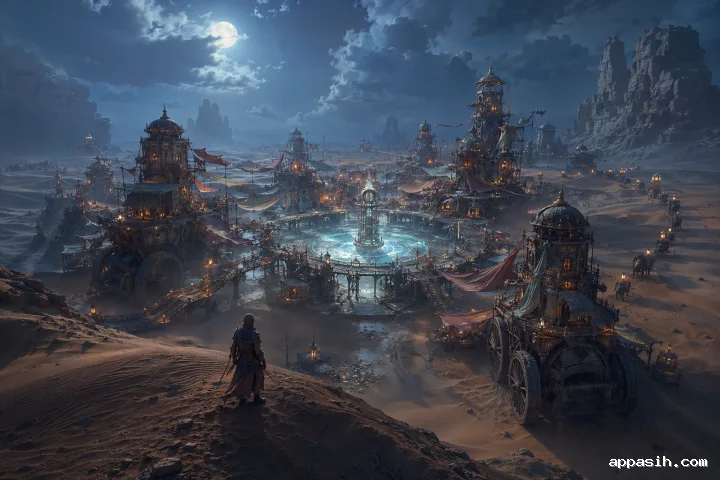 Ultra-detailed concept art of a vast crystalline orchard harvesting lightning on mountain terraces above the clouds as a hooded keeper approaches the central storm tree.