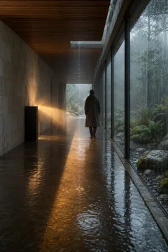 Anonymous figure walking through a rain-soaked contemporary glass passage with shallow reflective water and a warm projection beam cutting through cool mist.