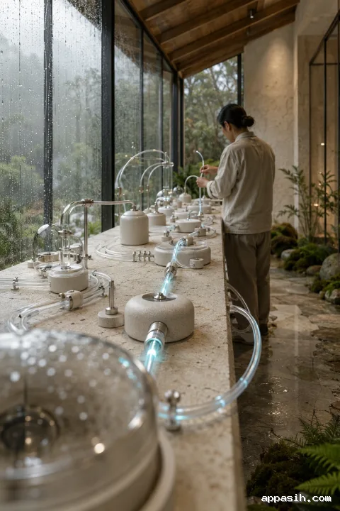 Close portrait view of a technician connecting a glowing translucent fiber strand between ceramic optical computing nodes on a limestone bench inside a rainy glass conservatory.
