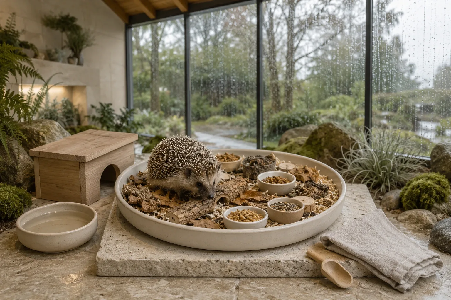 Healthy brown and cream hedgehog foraging through a natural enrichment tray in a serene glass conservatory during a rainy morning.