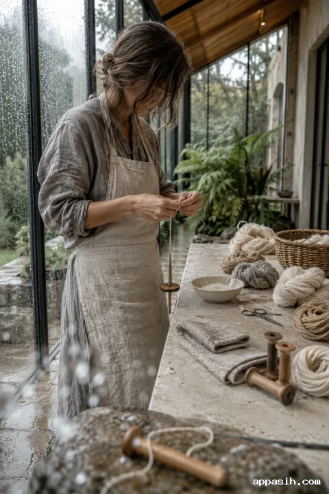 Close environmental portrait of an anonymous fiber artisan drawing cream wool from a wooden spindle beside a limestone worktable in a softly lit rainy conservatory.