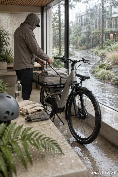 Close low three-quarter view of an unbranded electric cargo bicycle and anonymous commuter inside a rain-beaded conservatory mobility hub, with layered wet foreground details and a landscaped cycle lane beyond.